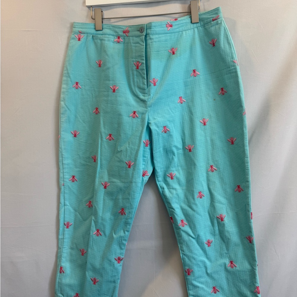 Lilly Pulitzer Turquoise Pants with Pink Bees Embroidery
